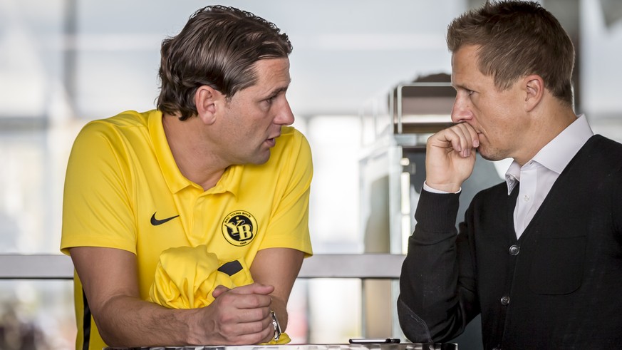 Young Boys&#039; Gerardo Seoane, left, and Christoph Spycher at the airport in Bern before the departure to Valencia for the UEFA Champions League group H matchday 4 soccer match between Spain&#039;s  ...