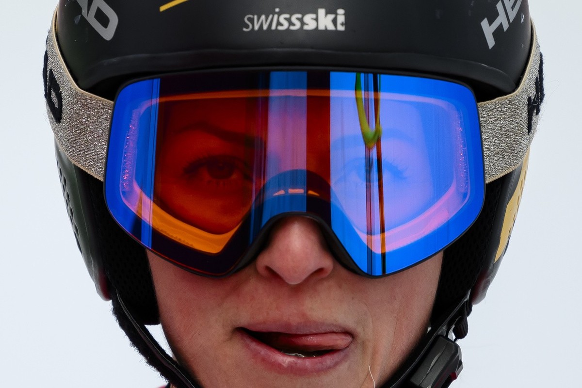 Lara Gut-Behrami of Switzerland reacts in the finish area during the women's downhill race at the FIS Alpine Skiing World Cup finals in Saalbach-Hinterglemm, Austria, Saturday, March 23, 2024. (K ...