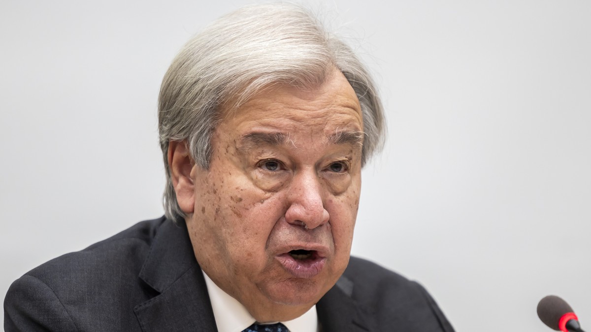 U.N. Secretary-General Antonio Guterres delivers his speech during the World Meteorological Organization Extraordinary Congress at the headquarters of the World Meteorological Organization (WMO), in G ...