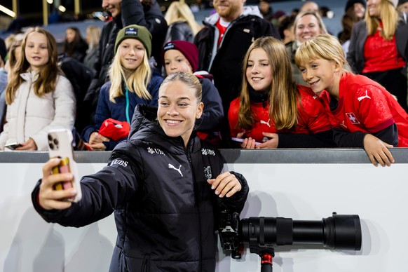 Nadine Riesen of Switzerland takes a selfie after the women&#039;s international friendly soccer match between Switzerland and Canada at the Swissporarena, in Lucerne, Switzerland, on Friday, October  ...
