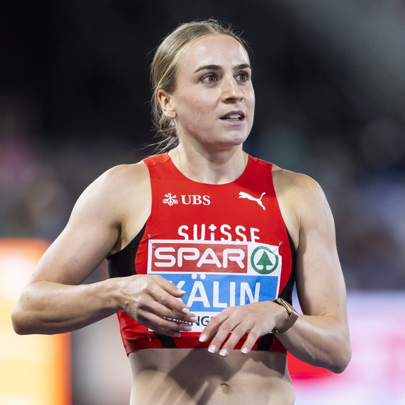 Annik Kaelin of Switzerland reacts during the women's 200 meters as part of Heptathlon at the European Athletics Championships, in the Alexander Stadium, Birmingham, United Kingdom, Friday, Augus ...