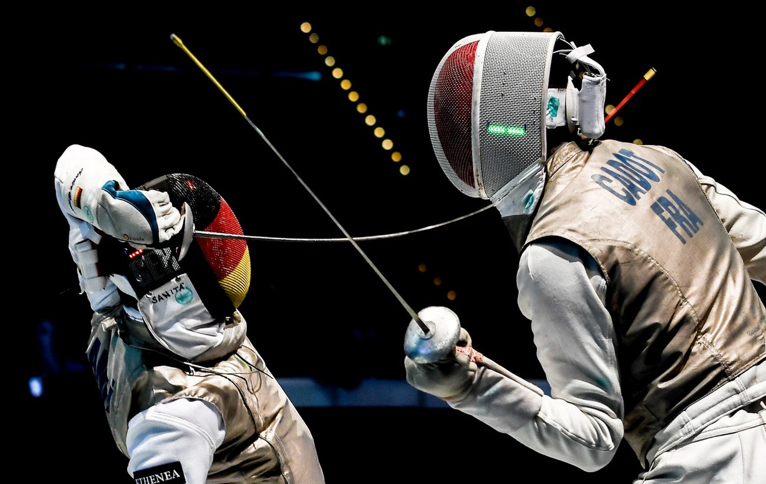 epa06260384 YEARENDER 2017 JULY.Andre Sanita (L) from Germany competes against Jeremy Cadot of France during the round of 8 bout match of the men&#039;s team Foil event at the Fencing World Championsh ...