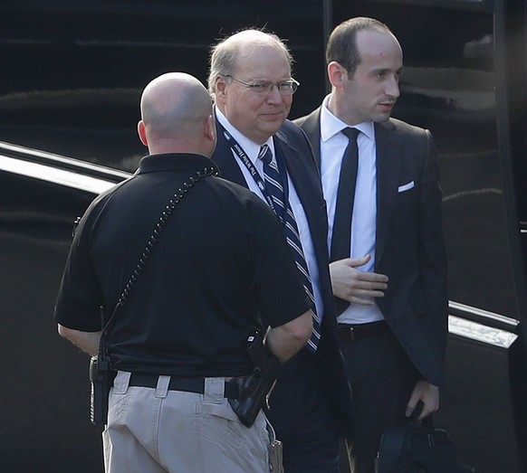 President-elect Donald Trump's Senior Adviser, Stephen Miller, right, and Joe Hagin, left, Trump's deputy chief of staff for operations, arrive for meeting at the Eisenhower Executive Office ...