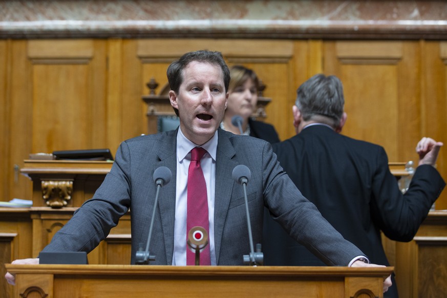 Thomas Aeschi, SVP-ZG, spricht waehrend einer Debatte im Nationalrat, waehrend der Fruehlingssession der Eidgenoessischen Raete, am Donnerstag, 14. Maerz 2019 in Bern. (KEYSTONE/Peter Klaunzer)