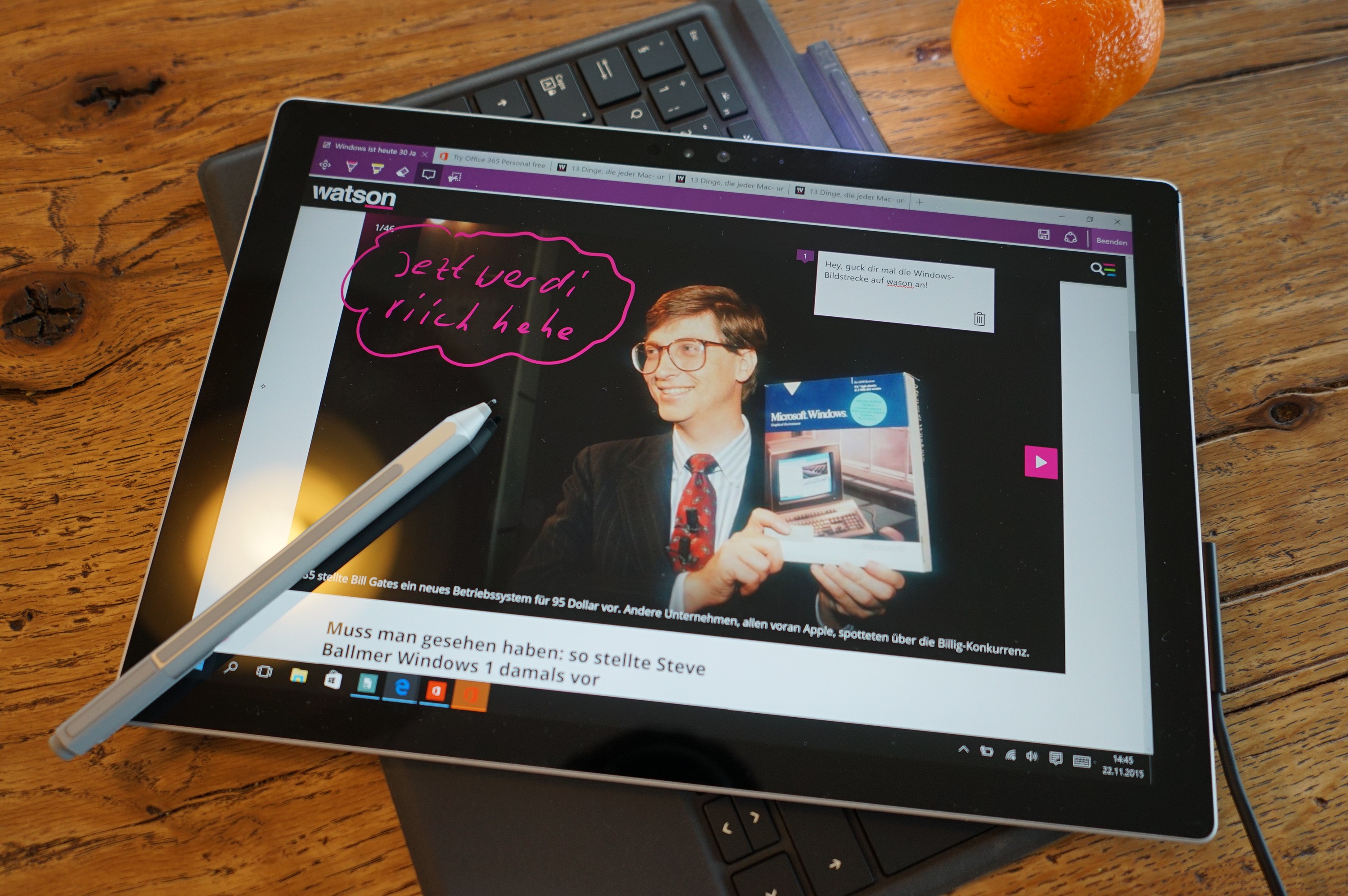Im Edge können Notizen per Stift direkt auf Webseiten geschrieben werden.