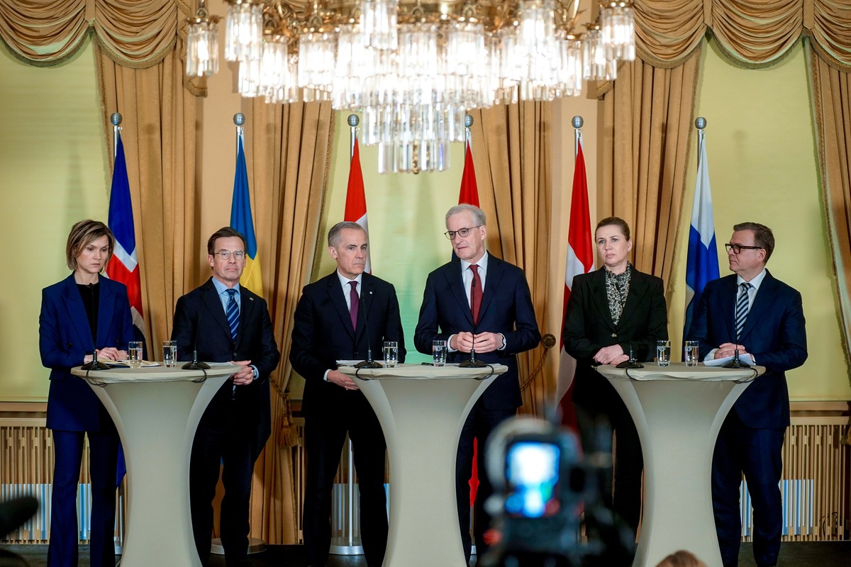 From left, Iceland Prime Minister Kristrún Mjöll Frostadóttir, Sweden Prime Minister Ulf Kristersson, Canada Prime Minister Mark Carney, Norway Prime Minister Jonas Gahr Støre, Denmark Prime Minister  ...