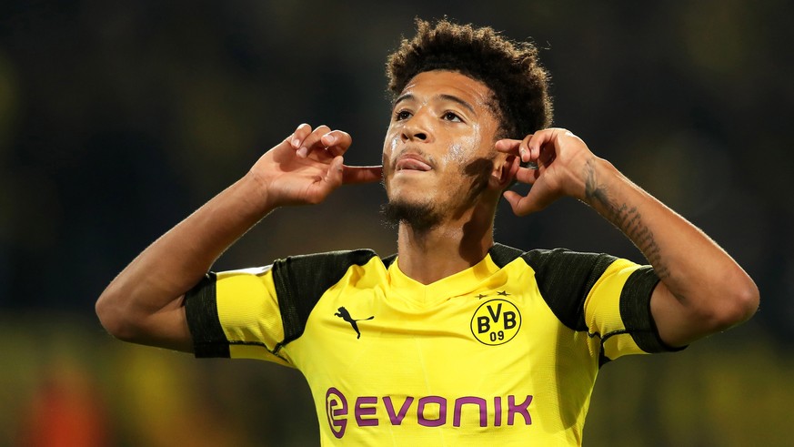 epa07049596 Dortmund&#039;s Jadon Sancho celebrates after scoring the 6-0 lead during the German Bundesliga soccer match between Borussia Dortmund and FC Nuernberg in Dortmund, Germany, 26 September 2 ...