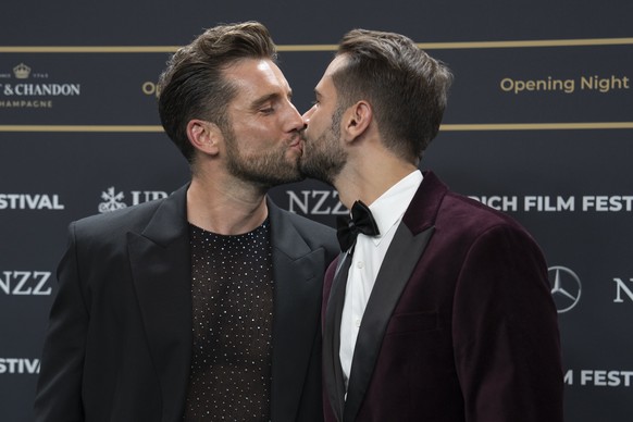 Steven Epprecht and Marcos Ruiz (from left to right) arrive on the Green Carpet at the Opening Night of the 20th Zurich Film Festival (ZFF) in Zurich, Switzerland, on Thursday, October 3, 2024. (KEYST ...