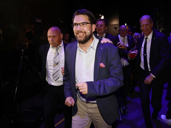 The leader of the Sweden Democrats Jimmie ?�kesson celebrates at the party&#039;s election watch at Elite Hotel Marina Tower Tower in Nacka, near Stockholm, Sweden, early Monday, Sept. 11, 2022. (Stef ...