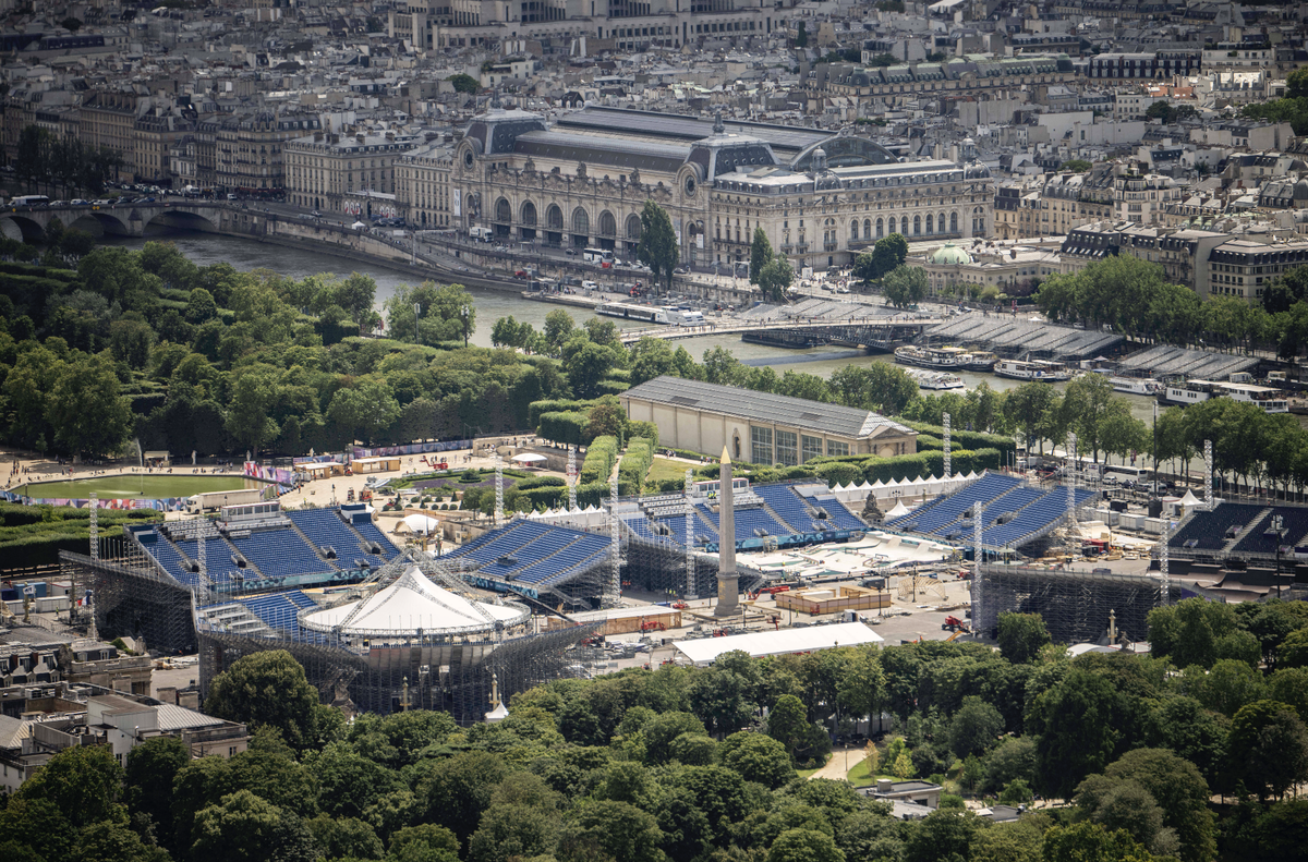 Paris 2024 - Olympic Venues From Above This aerial picture shows the skateboarding site at La Concorde olympic venue in Paris, France on July 10, 2024. The Olympic Games, Olympische Spiele, Olympia, O ...