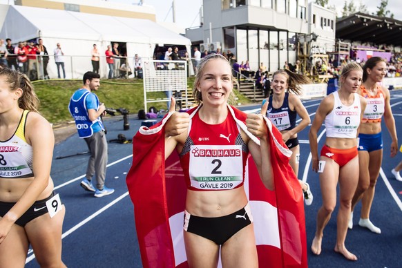 epa07713189 Geraldine Ruckstuhl of Switzerland, the overall winner of the WomenÂ ?s Hepathlon at the European Athletics U23 Championships in Gavle, Sweden July 12, 2019. EPA/Erik Simander SWEDEN OUT