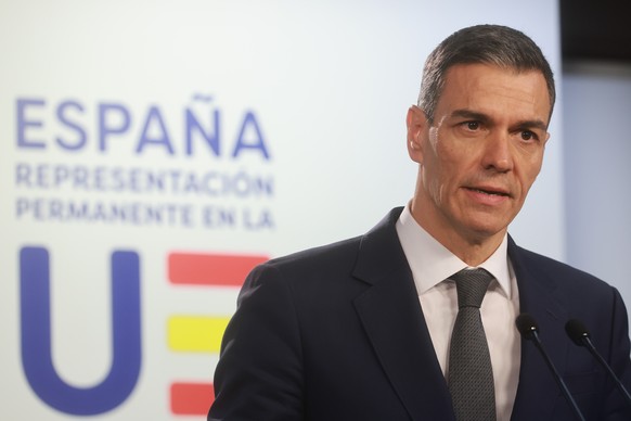 epa12672943 Spain's Prime minister Pedro Sanchez during a press conference at the end of an informal meeting of the members of the European Council in Brussels, Belgium, early 23 January 2026. EU ...