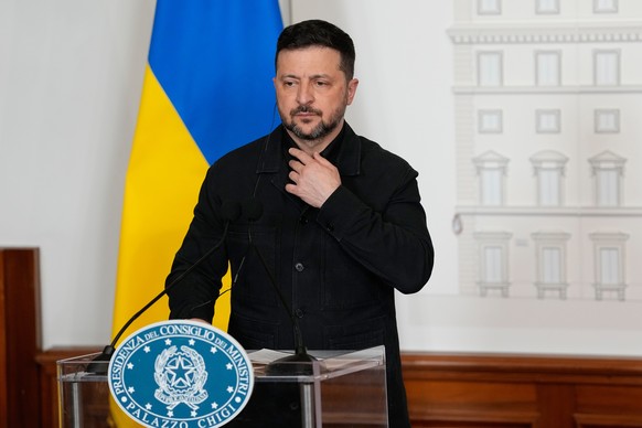 Ukraine's President Volodymyr Zelenskyy attends a press conference with Italy's Premier Giorgia Meloni after their meeting at Chigi government's offices in Rome, Wednesday, April 15, 20 ...