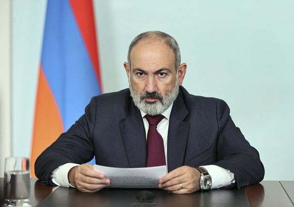 epa10880696 A handout picture made available by the Armenian Government&#039;s press service shows Armenian Prime Minister Nikol Pashinyan delivering his address to the nation in Yerevan, Armenia, 24  ...