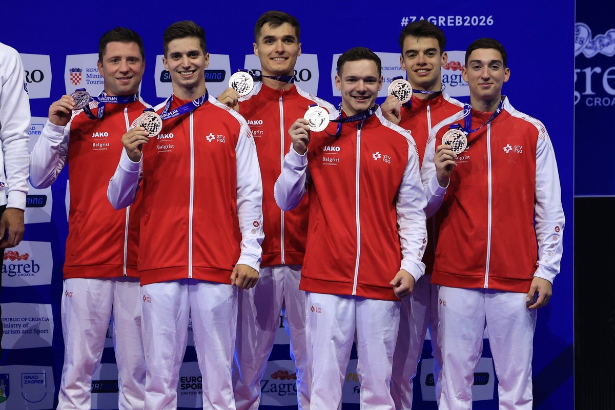 Zagreb, 23.08.2026. - 37TH EUROPEAN MENS ARTISTIC GYMNASTICS Men s Artistic Gymnastics Team Final SENIORS. Medal ceremony: BRONZE SUI Switzerland LANGENEGGER Florian GIUBELLINI Matteo PIFFARETTI Matti ...