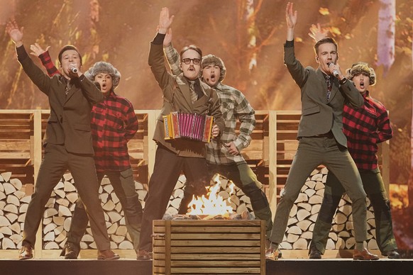 KAJ from Sweden performs the song "Bara Bada Bastu" during the Grand Final of the 69th Eurovision Song Contest, in Basel, Switzerland, Saturday, May 17, 2025. (AP Photo/Martin Meissner)
Swit ...