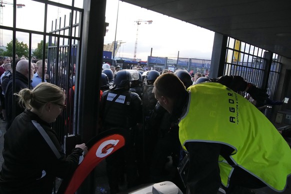 Police and stewards block one of the entrances to the Stade de France prior to the Champions League final soccer match between Liverpool and Real Madrid, in Saint Denis near Paris, Saturday, May 28, 2 ...