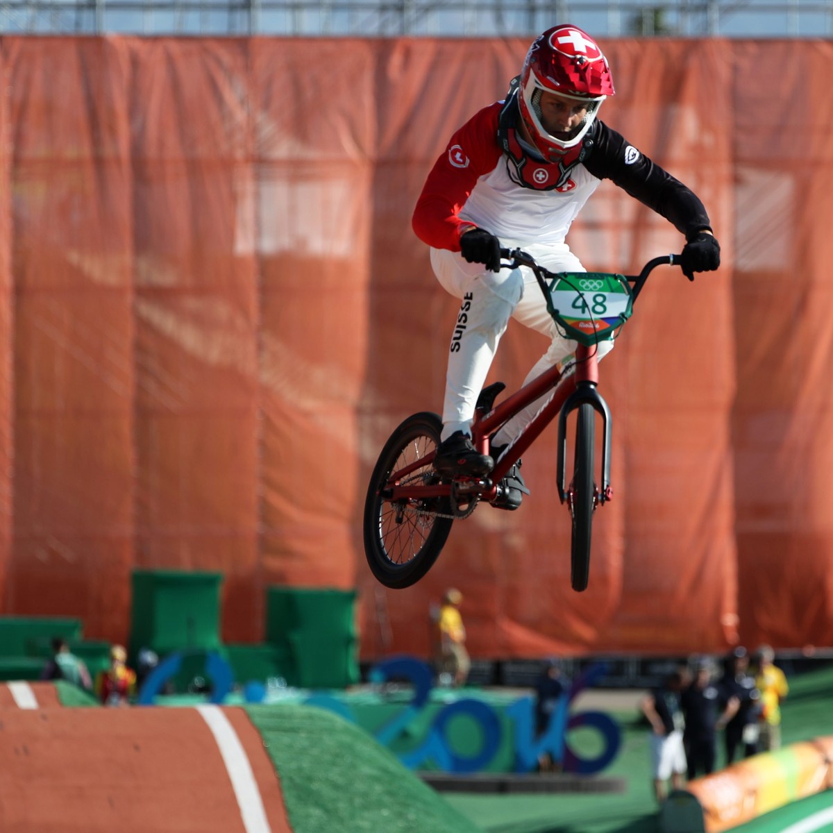 epa05493739 David Graf of Switzerland competes in action during the men's BMX Cycling Seeding Run competition of the Rio 2016 Olympic Games at the Olympic BMX Centre in Rio de Janeiro, Brazil, 17 ...