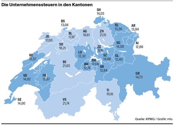 Die Steuersätze der Kantone im Jahr 2020.