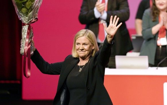 FILE - Sweden&#039;s Minister of Finance Magdalena Andersson gestures, after being elected to party chairman of the Social Democratic Party at the Social Dedmocratic Party congress in Gothenburg, Swed ...