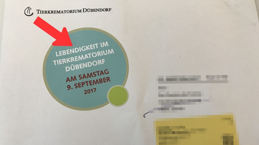 Dieser Brief liegt zurzeit in Briefkästen von Personen, die ihr Tier einäschern liessen.