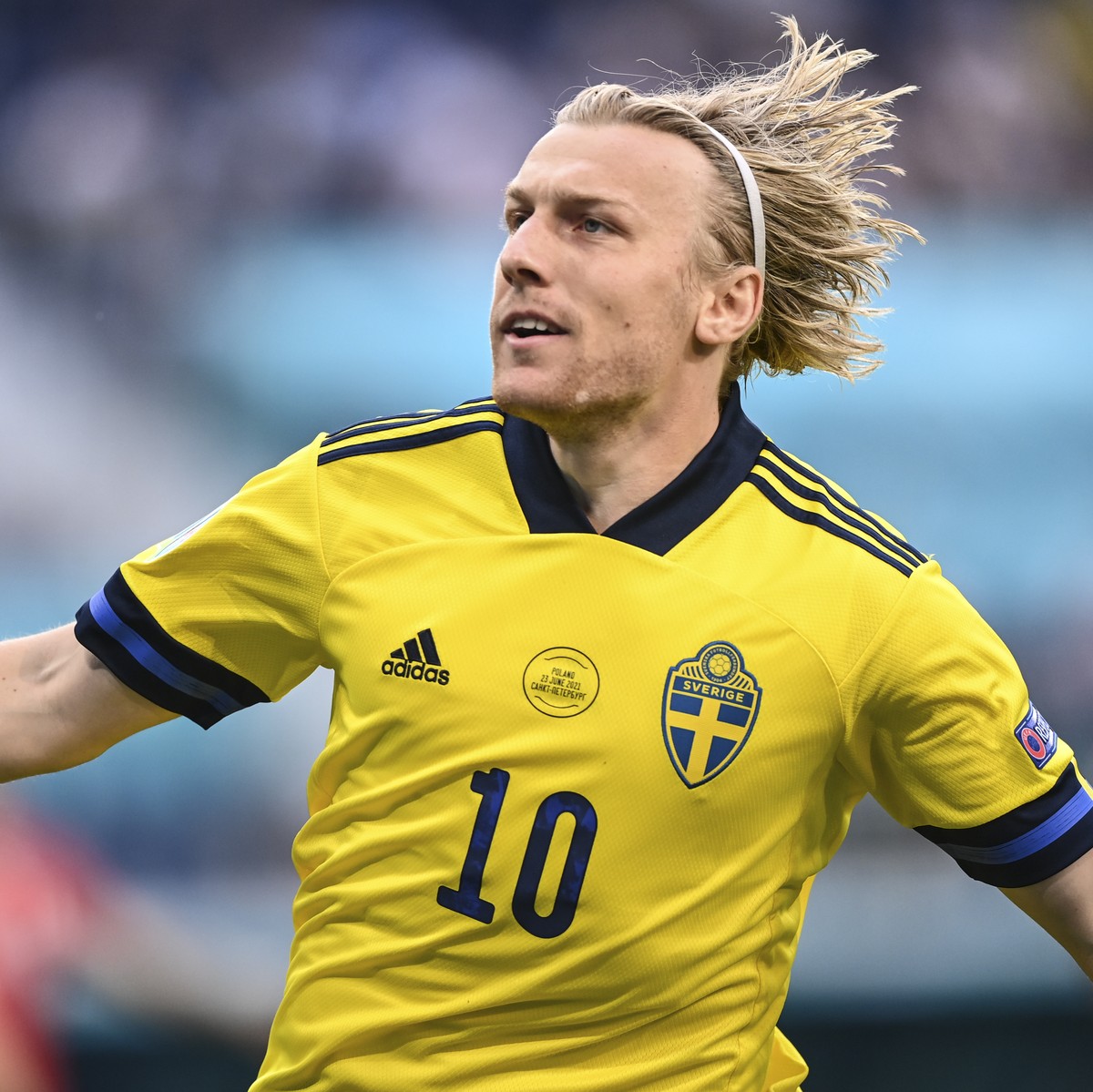 Sweden's Emil Forsberg celebrates after scoring his side's opening goal during the Euro 2020 soccer championship group D match between Sweden and Poland, at the St. Petersburg stadium in St. ...
