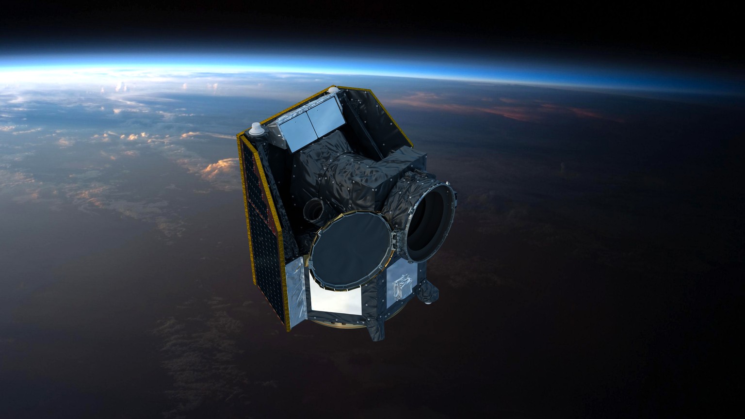 HANDOUT - Cheops, an exoplanet-observing satellite, illustration. In this view the satellite&#039;s telescope cover is closed. Cheops is the European Space Agency (ESA)&#039;s CHaracterising ExOPlanet ...