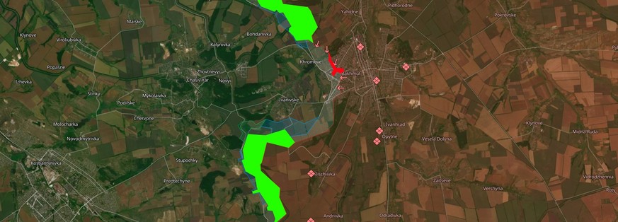 Grün: Die innerhalb einer Woche zurückeroberten Gebiete nördlich und südlich von Bachmut. Rot: die neu von Russland besetzten Gebiete.