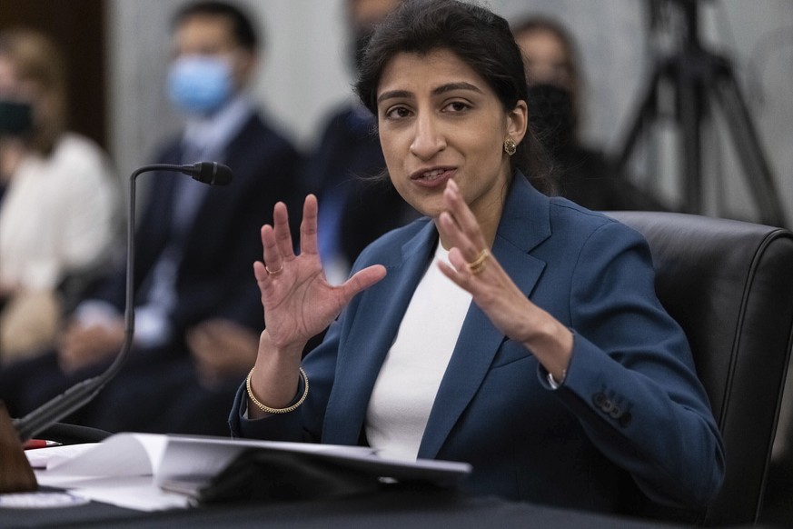 FILE - Lina Khan, nominee for Commissioner of the Federal Trade Commission (FTC), speaks during a Senate Committee on Commerce, Science, and Transportation confirmation hearing, Wednesday, April 21, 2 ...