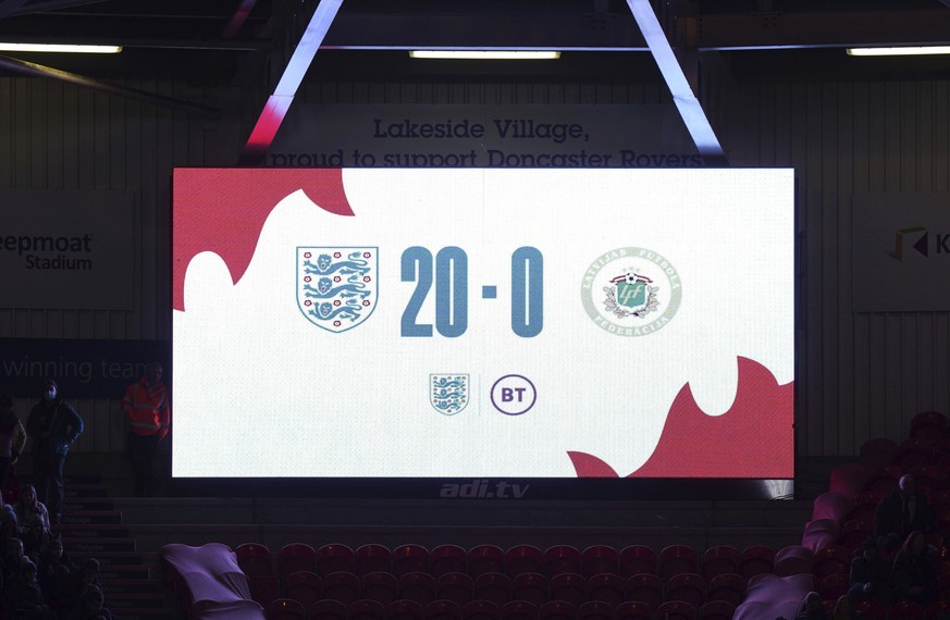 The scoreboard reading 20-0 during the Women&#039;s FIFA World Cup Qualifying - Group D soccer match between England and Latvia at the Keepmoat Stadium, Doncaster, England, Tuesday Nov. 30, 2021. (Tim ...