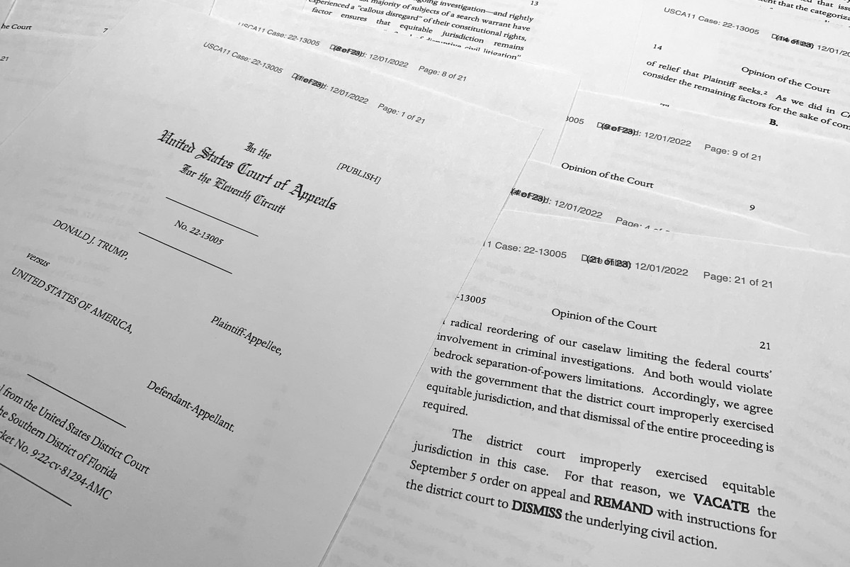The federal appeals court ruling that has halted an independent review of documents seized from former President Donald Trump's Florida estate, is photographed Thursday, Dec. 1, 2022. The decisio ...