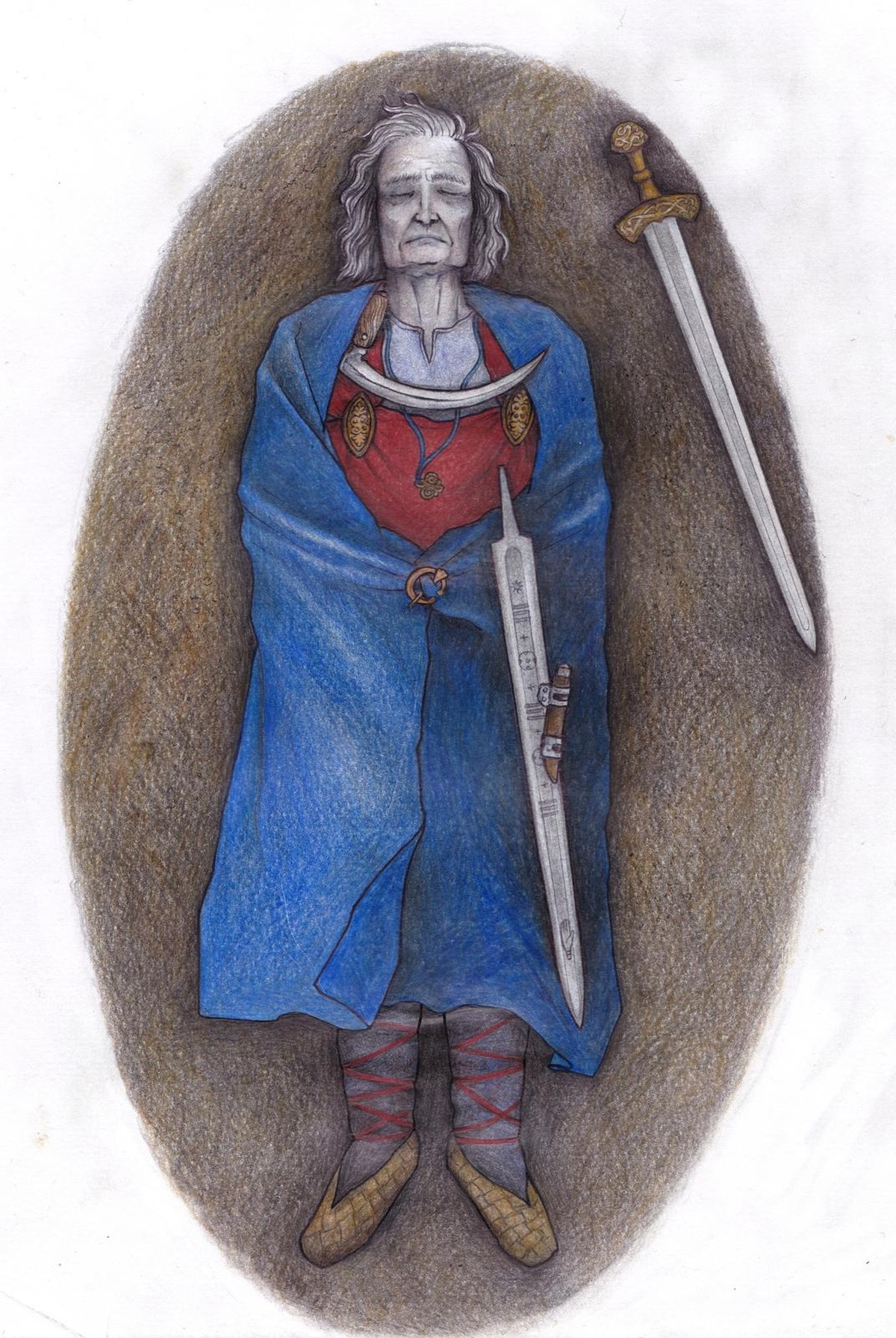Illustration der im frühmittelalterlichen Grab von Suontaka Vesitorninmäki in Südfinnland bestatteten Person.