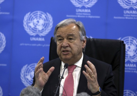 UN Secretary-General António Guterres speaks during a press conference in Kabul, Afghanistan, Wednesday, June 14, 2017. (AP Photo/Rahmat Gul)
