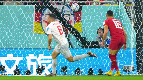 Mandatory Credit: Photo by Javier Garcia/Shutterstock 13640451bn Remo Freuler of Switzerland scores to make it 3-2 Serbia v Switzerland, FIFA World Cup, WM, Weltmeisterschaft, Fussball 2022, Group G,  ...