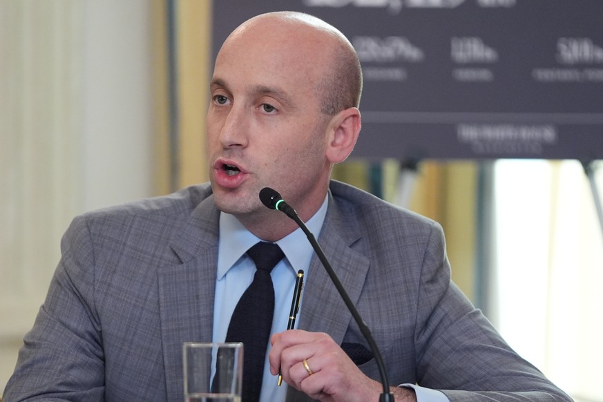 White House deputy chief of staff Stephen Miller speaks during a roundtable on criminal cartels with President Donald Trump in the State Dining Room of the White House, Thursday, Oct. 23, 2025, in Was ...