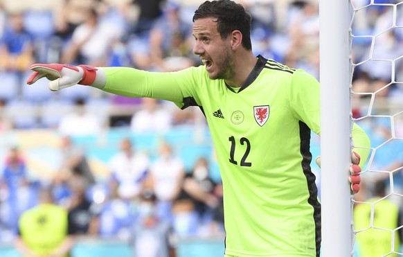 Wales&#039; goalkeeper Danny Ward yells during the Euro 2020 soccer championship group A match between Italy and Wales at the Stadio Olimpico stadium in Rome, Sunday, June 20, 2021. (Alberto Lingria/P ...