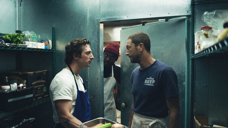 This image released by FX shows Jeremy Allen White, left, and and Ebon Moss-Bachrach, right, in a scene from &quot;The Bear.&quot; White stars as Carmen &quot;Carmy&quot; Berzatto, a five-star chef ru ...