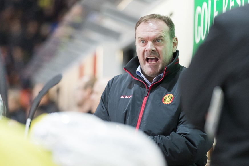 L&#039;entraineur de Langnau Heinz Ehlers lors du match du championnat suisse de hockey sur glace de National League A entre le HC Fribourg-Gotteron et le SCL Tigers, ce samedi, 19 novembre 2016, a Fr ...