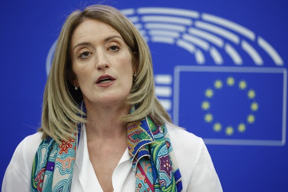 epa10578352 European Parliament President Roberta Metsola holds a press conference on &#039;the revision of the EU Emissions Trading System&#039; at the European Parliament in Strasbourg, France, 18 A ...