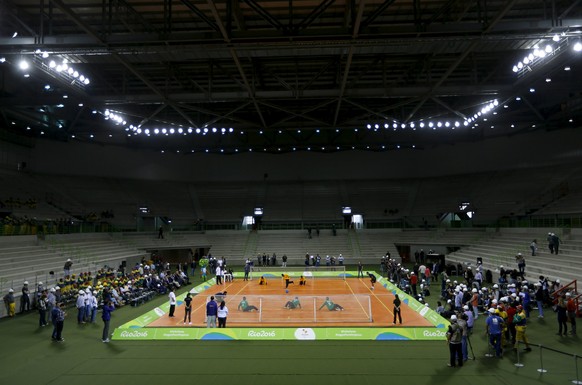 Athletes play a Goalball exhibition match during the presentation of the Rio 2016 Olympic Handball and Rio 2016 Paralympic Goalball venue at the Rio 2016 Olympic Park in Rio de Janeiro September 8, 20 ...