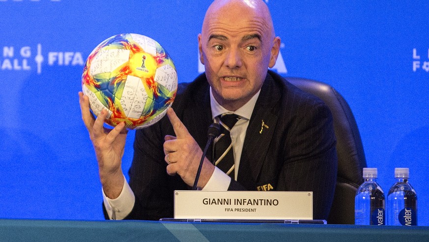 epa07440416 Fifa President Gianni Infantino speaks during a press conference after the FIFA Council meeting in Miami, Florida, USA, 15 March 2019 . Infantino announced that starting of 2021, FIFA Club ...