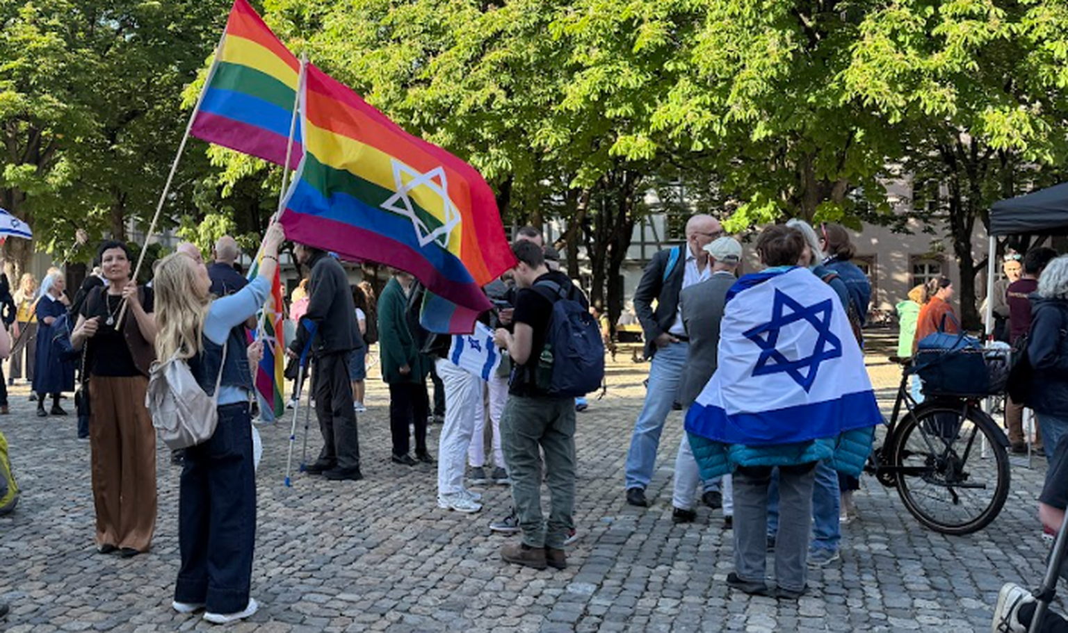 Auf dem Basler Münsterplatz demonstrierten vor dem 2. ESC-Halbfinale Menschen.