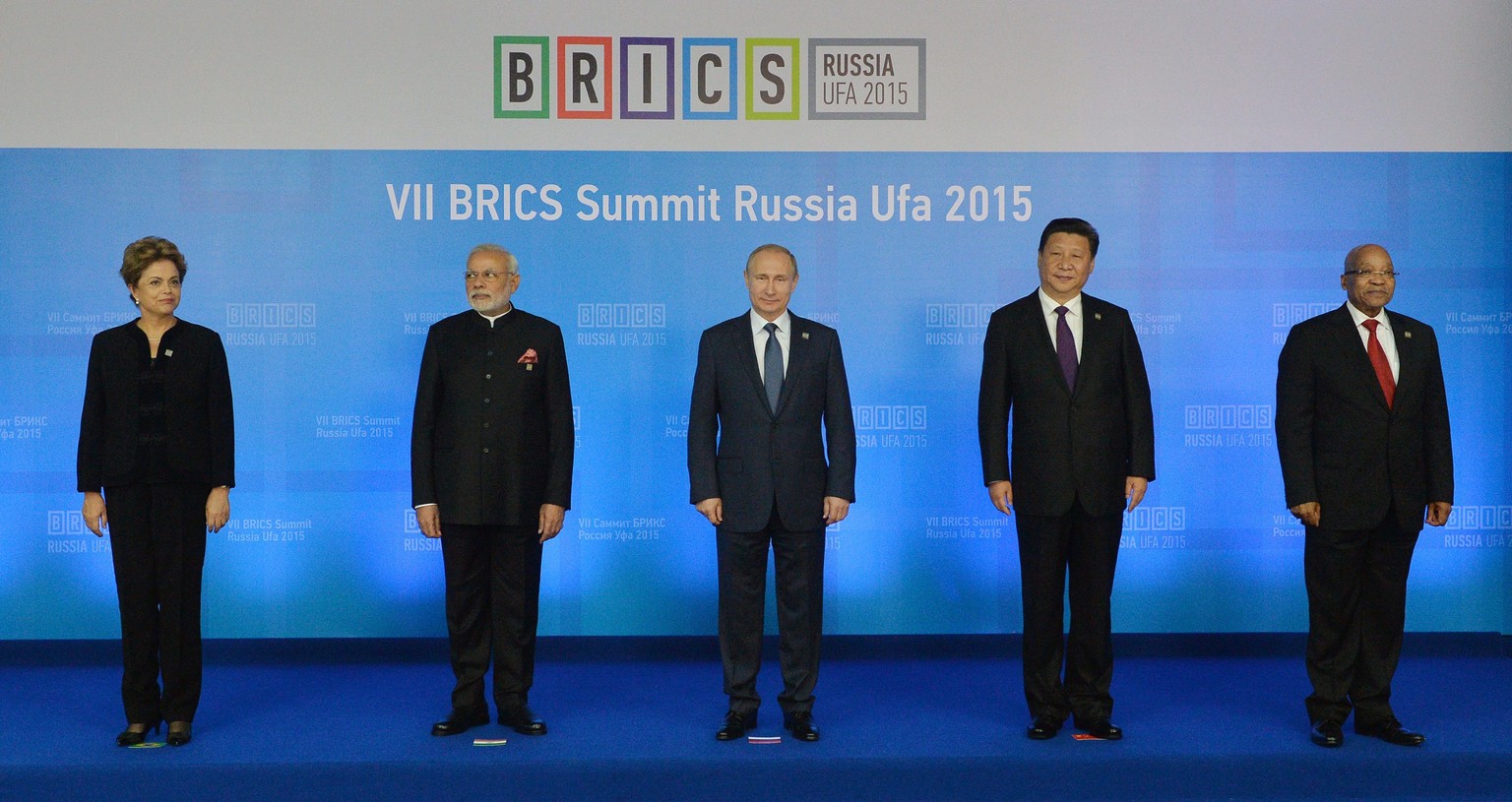 Die Staatschefs der fünf BRICS-Staaten:&nbsp;Dilma Rousseff (Brasilien), Narendra Modi (Indien), Wladimir Putin (Russland),&nbsp;&nbsp;Xi Jinping (China), Jacob Zuma (Südafrika).