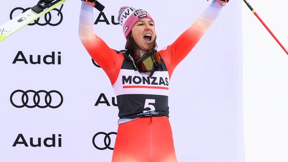 epa10436133 Third placed Wendy Holdener of Switzerland celebrates on the podium for the Women&#039;s Slalom race at the FIS Alpine Skiing World Cup in Spindleruv Mlyn, Czech Republic, 28 January 2023. ...