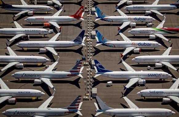 epa08892945 (FILE) - An aerial view of Boeing 737 Max 8 aircraft sitting parked at Boeing Field in Seattle, Washington, USA, 21 July 2019 (reissued 19 December 2020). According to US Senate investigat ...