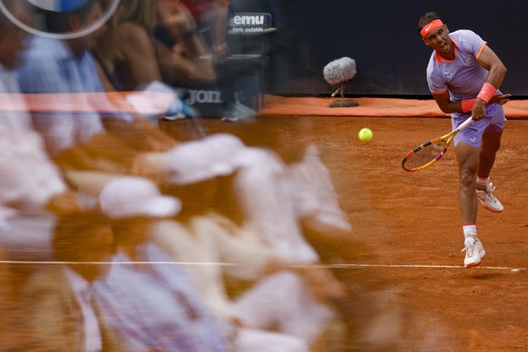 epaselect epa11329285 Rafael Nadal of Spain in action against Zizou Bergs of Belgium in their men&#039;s singles first round match at the Italian Open tennis tournament in Rome, Italy, 09 May 2024. EP ...