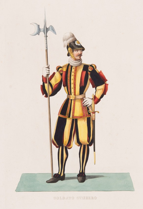 Schweizer Gardist der päpstlichen Garde in einer Druckgrafik, um 1850.