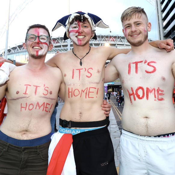 England v Germany - UEFA Women s Euro 2022 - Final - Wembley Stadium England fans celebrate with body paint saying It s Home! after England win the UEFA Women s Euro 2022 final at Wembley Stadium, Lon ...