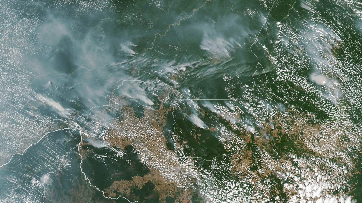 epa07783333 A handout photo made available by NASA of a satellite image showing several fires burning in the Brazilian states of Amazonas (top C-L), Para (top R), Mato Grosso (bottom R) and Rondonia ( ...