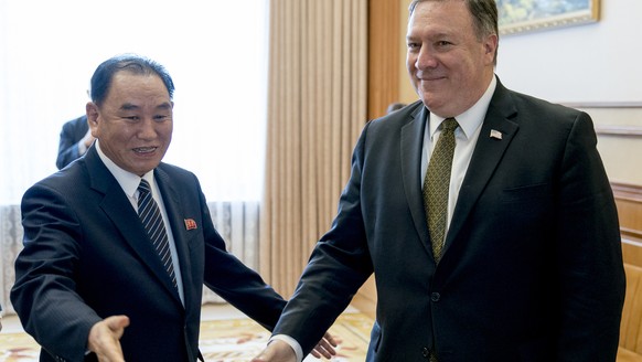 FILE - In this July 7, 2018, file photo, U.S. Secretary of State Mike Pompeo, right, and Kim Yong Chol, a North Korean senior ruling party official and former intelligence chief, arrive for a lunch at ...
